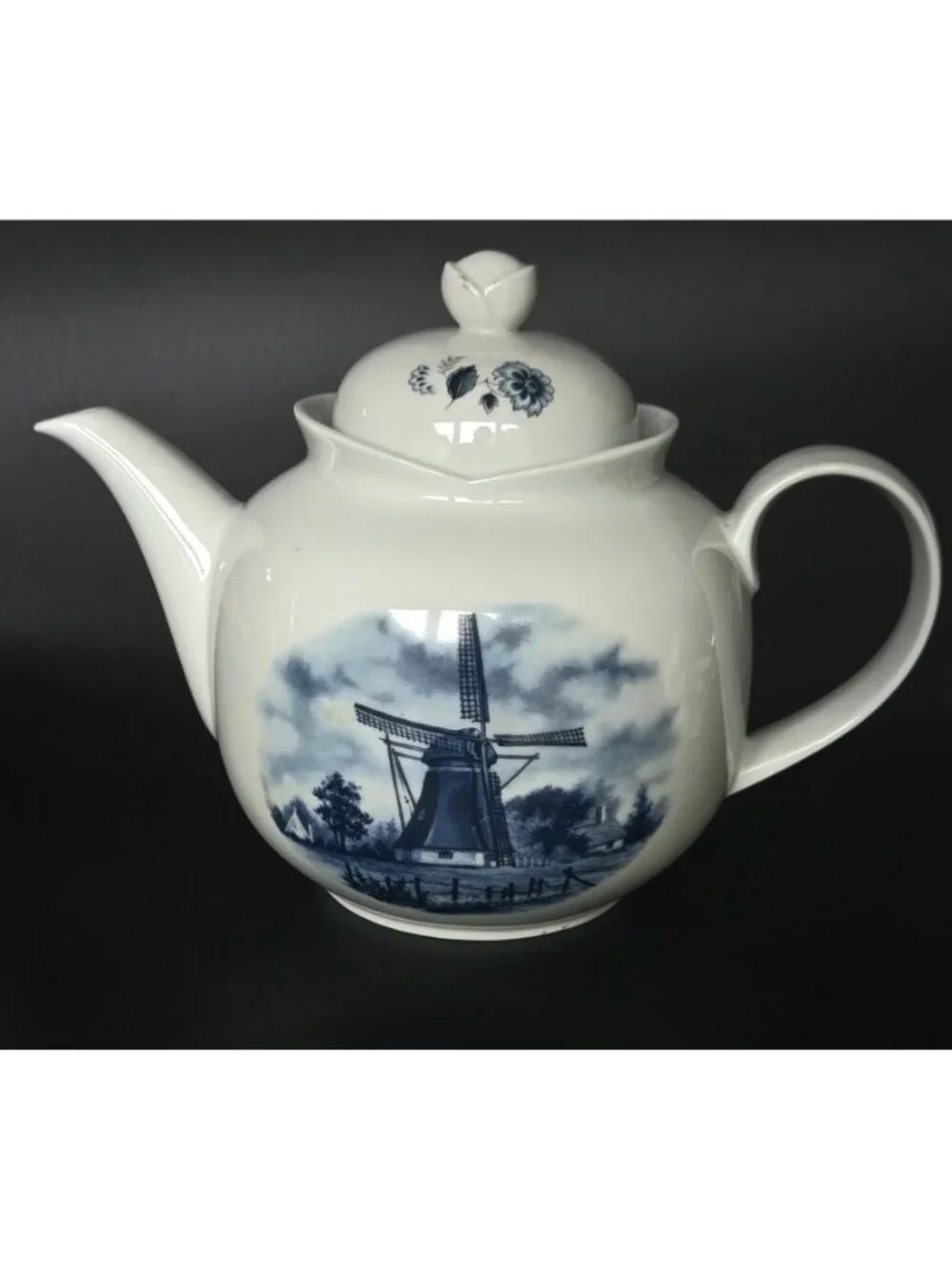 Delft Blue & White Windmill Porcelain Teapot Cup And Saucer Set With Gold Accent